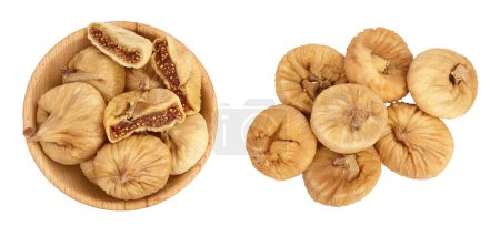 dried fig in wooden bowl isolated on white background with full depth of field. Top view. Flat lay.