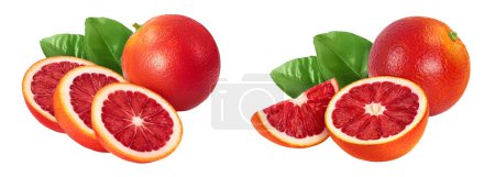 Blood red oranges with slices isolated on white background with full depth of field.