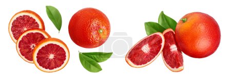Blood red oranges with slices isolated on white background . Top view. Flat lay.