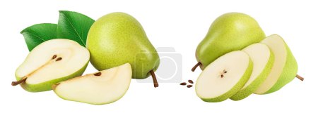 Téléchargez les photos : Green pear fruit with slices isolated on white background with full depth of field. - en image libre de droit