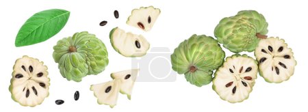 Sugar apple or custard apple isolated on white background . Exotic tropical Thai annona or cherimoya fruit. Top view. Flat lay.