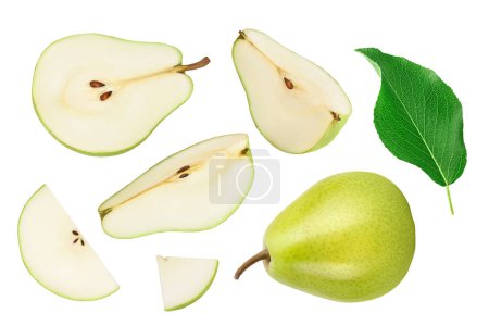Green pear fruit half and slices isolated on white background . Top view. Flat lay.