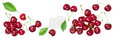 red sweet cherry isolated on white background. Top view with copy space for your text. Flat lay.