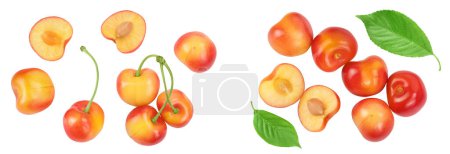 yellow-red sweet cherry isolated on white background . Top view. Flat lay.