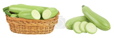 Photo for Zucchini or marrow in a wicker basket isolated on white background with full depth of field. - Royalty Free Image
