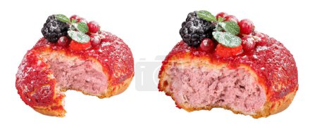 Cake shu eclairs with berries and red crumble isolated on white background.