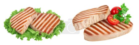 Photo for Tuna fish steak grilled isolated on white background with full depth of field, - Royalty Free Image
