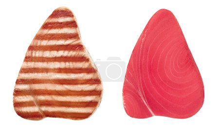 Photo for Tuna fish steak fresh and grilled isolated on white background. Top view. Flat lay. - Royalty Free Image