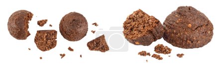 chocolate cookie with kerob, banana, cashew, sunflower seeds and coconut paste isolated on white background with full depth of field. Healthy food, gluten-free, flour-free. Top view. Flat lay