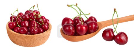 red sweet cherry in wooden bowl and spoon isolated on white background with  full depth of field.