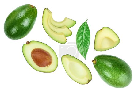 Photo for Avocado and slices decorated with green leaves isolated on white background. Top view. Flat lay. - Royalty Free Image