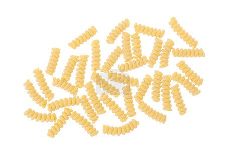 Italian spiral shaped pasta, Fusilli bucati macaroni, isolated on white background. Top view. Flat lay