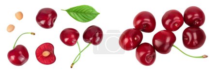 red sweet cherry isolated on white background  . Top view. Flat lay.