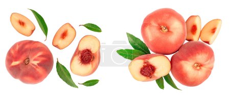 Ripe chinese flat peach fruit and half with leaf isolated on white background. Top view. Flat lay.