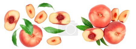 Ripe chinese flat peach fruit and half with leaf isolated on white background with copy space for your text. . Top view. Flat lay.