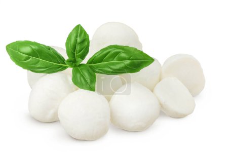 Mini mozzarella balls with basil leaf isolated on white background with full depth of field