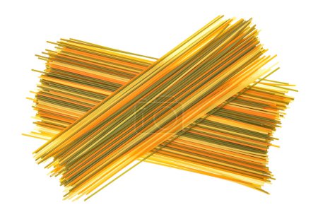 Colorful spaghetti tricolore pasta isolated on white background. Top view. Flat lay.