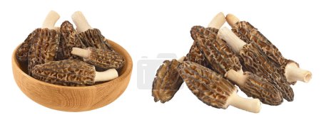 raw morel mushroom in wooden bowl isolated on white background with full depth of field.