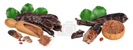 Carob pod and powder in wooden scoop isolated on white background with  full depth of field