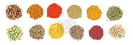 mix or various kinds of spices isolated on a white background. Top view. Flat lay. Set or collection.