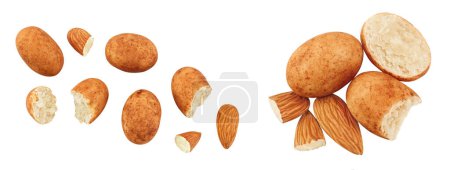 Téléchargez les photos : Marzipan balls or potatoes with almond isolated on white background full depth of field. Top view. Flat lay. - en image libre de droit