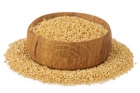 Amaranth grain seeds in wooden bowl isolated on white background.