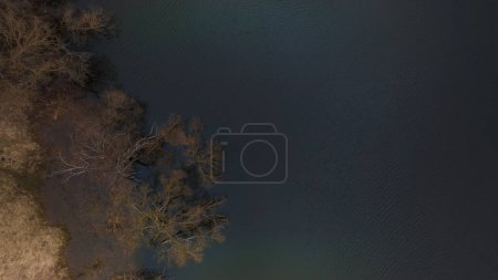 Téléchargez les photos : Photographie aérienne de drone de marais marécageux nature atmosphère brume environnement rivage, surface lisse eau sombre fond espace vide - en image libre de droit