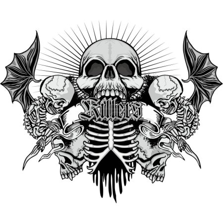 Téléchargez les illustrations : Signe gothique avec squelette mort-né, t-shirts design vintage grunge - en licence libre de droit