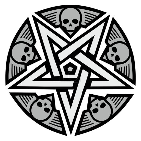Téléchargez les illustrations : Signe occulte avec pentogramme et crâne, t-shirts design vintage grunge - en licence libre de droit