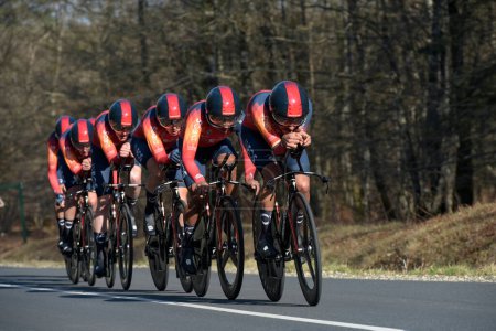 Photo for MARCH 2023: View on the cyclist team Ineos Grenadiers during the team time trial of the professionnal cycling race PARS NICE 2023. - Royalty Free Image