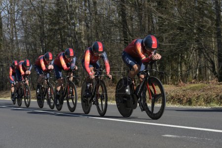 Photo for MARCH 2023: View on the cyclist team Ineos Grenadiers during the team time trial of the professionnal cycling race PARS NICE 2023. - Royalty Free Image