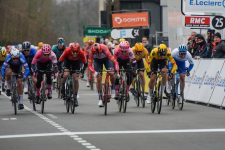 Photo for FONTAINEBLEAU - FRANCE - 6 MARCH 2023: view of Mads Pedersen winning at Fontainebleau the second stage of Paris Nice 2023 in the sprint - Royalty Free Image