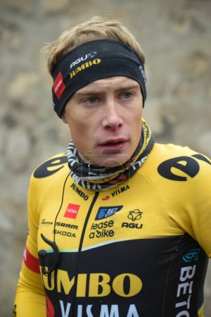 Photo for FONTAINEBLEAU - FRANCE - 6th MARCH 2023: Jonas Vingegaard on the professionnal cyclist race Paris Nice 2023 - Royalty Free Image