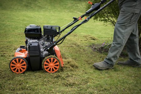 view of a scarifier removing moss from the lawn in a garden