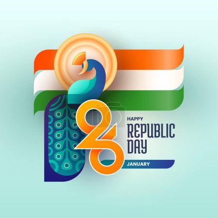 Illustration for India Republic Day background or artwork with peacock and indian flag for social media post banner - Royalty Free Image
