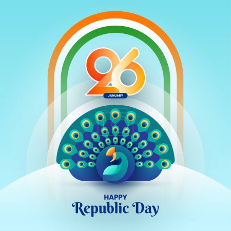 Téléchargez les illustrations : Fond de la fête de la République de l'Inde ou illustration avec paon et drapeau indien pour bannière de message de médias sociaux - en licence libre de droit