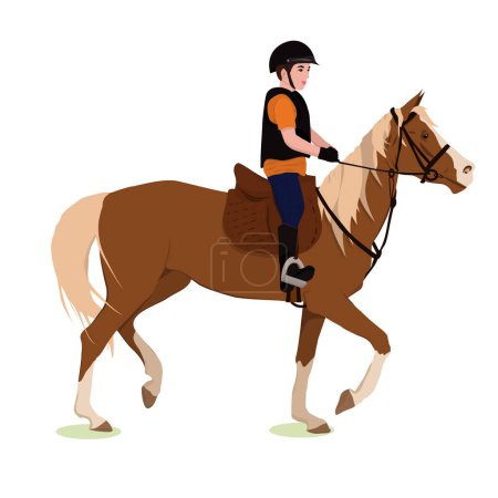 ilustración vectorial de un niño montando un caballo. El tema de los deportes ecuestres, entrenamiento, entretenimiento infantil, competiciones y un estilo de vida saludable.