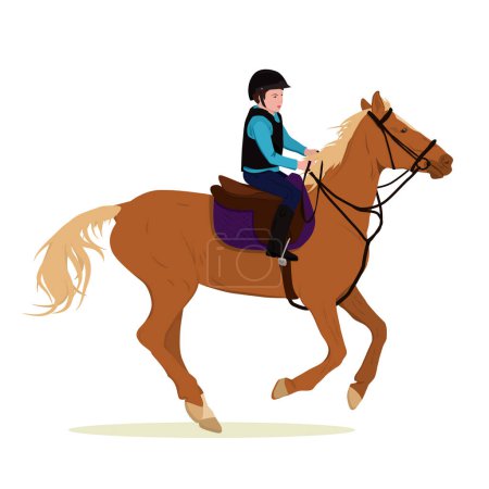 ilustración vectorial de un niño montando un caballo. El tema de los deportes ecuestres, entrenamiento, entretenimiento infantil, competiciones y un estilo de vida saludable