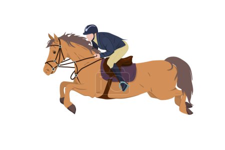 Vektorillustration eines Jockeys auf einem Pferd im Hochsprung. Das Thema Pferdesport, Ausbildung und Tierhaltung. Isoliert auf weißem Hintergrund