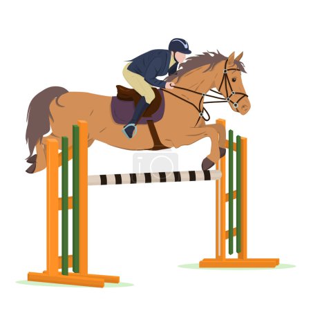 Illustration for Vector illustration of a jockey on a horse in a high jump. The theme of equestrian sports, training and animal husbandry. Isolated on a white background - Royalty Free Image
