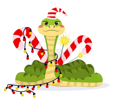 Téléchargez les illustrations : Illustration vectorielle d'un serpent dans un style de dessin animé du Nouvel An, isolé sur un fond blanc. Le symbole de la nouvelle année 2025 - en licence libre de droit