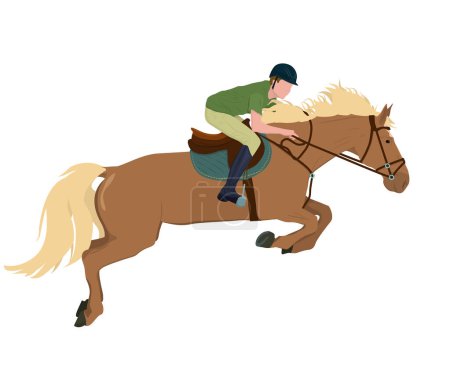 vector illustration of a jockey on a horse in a high jump. The theme of equestrian sports, training and animal husbandry. Isolated on a white background