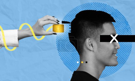 Installing neuralink brain chip implant to human head. Futuristic high tech science concept art. Science breakthrough illustration. Modern digital collage, contemporary art visual metaphor