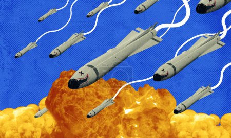 Collage art of missile attack causing mass destruction and explosion. Military atomic bombing artwork. War conflict concept depicted in surrealism art style and added hand drawing.