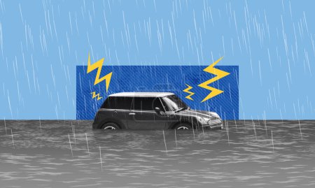 Auto von Flut auf der Straße Collage-Kunst überschwemmt. Fahrzeug steckte aufgrund starken Regens auf überfluteter Straße fest. Gewitter und Blitz schlugen während des Regens ein. Flache digitale Illustration