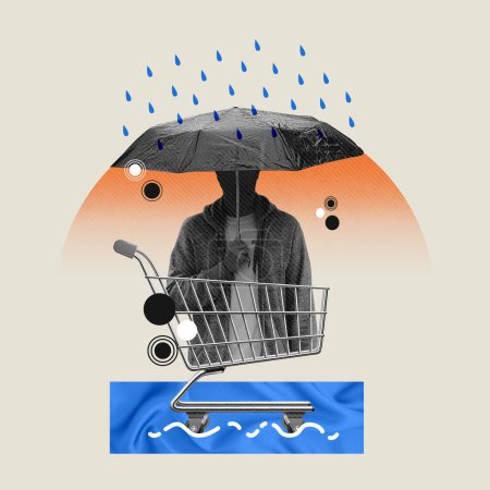 Collage arte de un hombre refugiándose bajo un paraguas mientras monta un carro de la compra. Fuertes lluvias que causan inundaciones y dificultad para transportarse caminando. Diseño contemporáneo, arte pop digital
