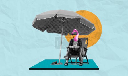 Enjoying summer vacation collage art. Person with pink flamingo head sit on a beach chair under a big parasol, summer vibes. Abstract shape design, black and white illustration.