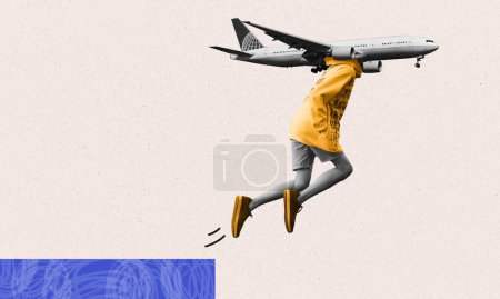 Leap of faith contemporary collage art concept. Person jumping out of a cliff believing he can fly, symbol of confidence in trying new things, making big step. Abstract person with airplane for head.