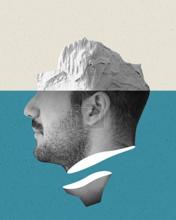Psicología humana iceberg. Arte collage contemporáneo abstracto de la salud mental y la conciencia profunda. Diseño retro vertical