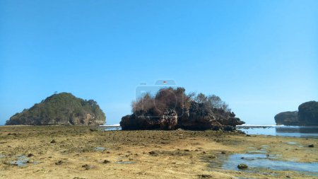 Foto de Playa poco profunda durante la marea baja en la playa Teluk Asmara, Malang exponer la isla y el fondo del océano a su alrededor. Bandera de Indonesia se puede ver en la isla. - Imagen libre de derechos